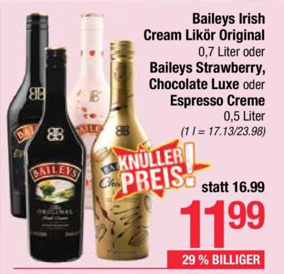 Baileys Irish Cream Likör Original 0,7 Liter oder Baileys Strawberry, Chocolate Luxe oder Espresso Creme 0,5 Liter