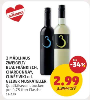 3 MÄDLHAUS ZWEIGELT/BLAUFRÄNKISCH, CHARDONNAY, CUVÉE VIKI od. GELBER MUSKATELLER