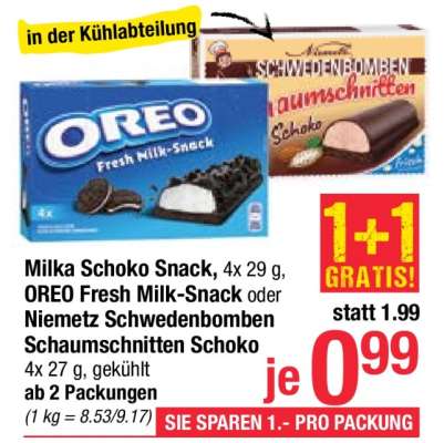 Milka Schoko Snack, OREO Fresh Milk-Snack oder Niemetz Schwedenbomben Schaumschnitten Schoko