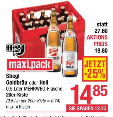 Stiegl Goldbräu oder Hell 0,5 Liter MEHRWEG-Flasche 20er-Kiste
