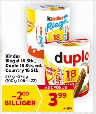 Kinder Riegel 18 Stk., Duplo 18 Stk. od. Country 16 Stk.