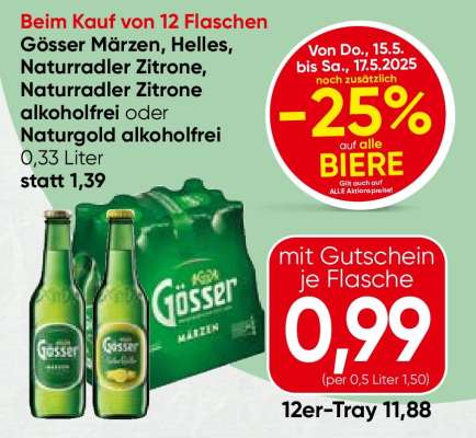 Gösser Märzen, Helles, Naturradler Zitrone, Naturradler Zitrone alkoholfrei oder Naturgold alkoholfrei