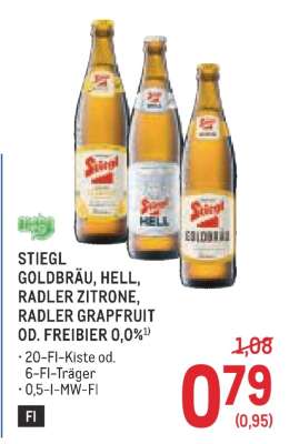STIEGL GOLDBRÄU, HELL, RADLER ZITRONE, RADLER GRAPEFRUIT OD. FREIBIER 0,0%