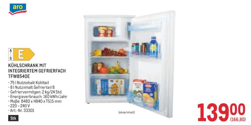 KÜHLSCHRANK MIT INTEGRIERTEM GEFRIERFACH TFW8540E