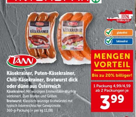 Käsekrainer, Puten-Käsekrainer, Chili-Käsekrainer, Bratwurst dick oder dünn aus Österreich