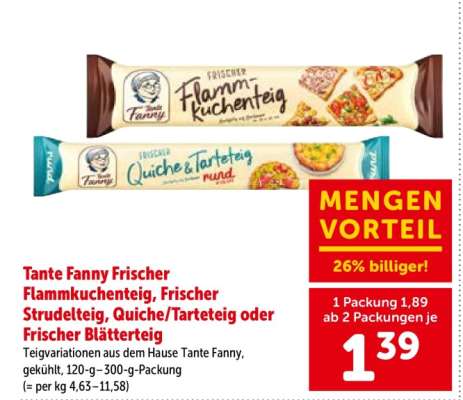 Tante Fanny Frischer Flammkuchenteig, Frischer Strudelteig, Quiche/Tarteteig oder Frischer Blätterteig